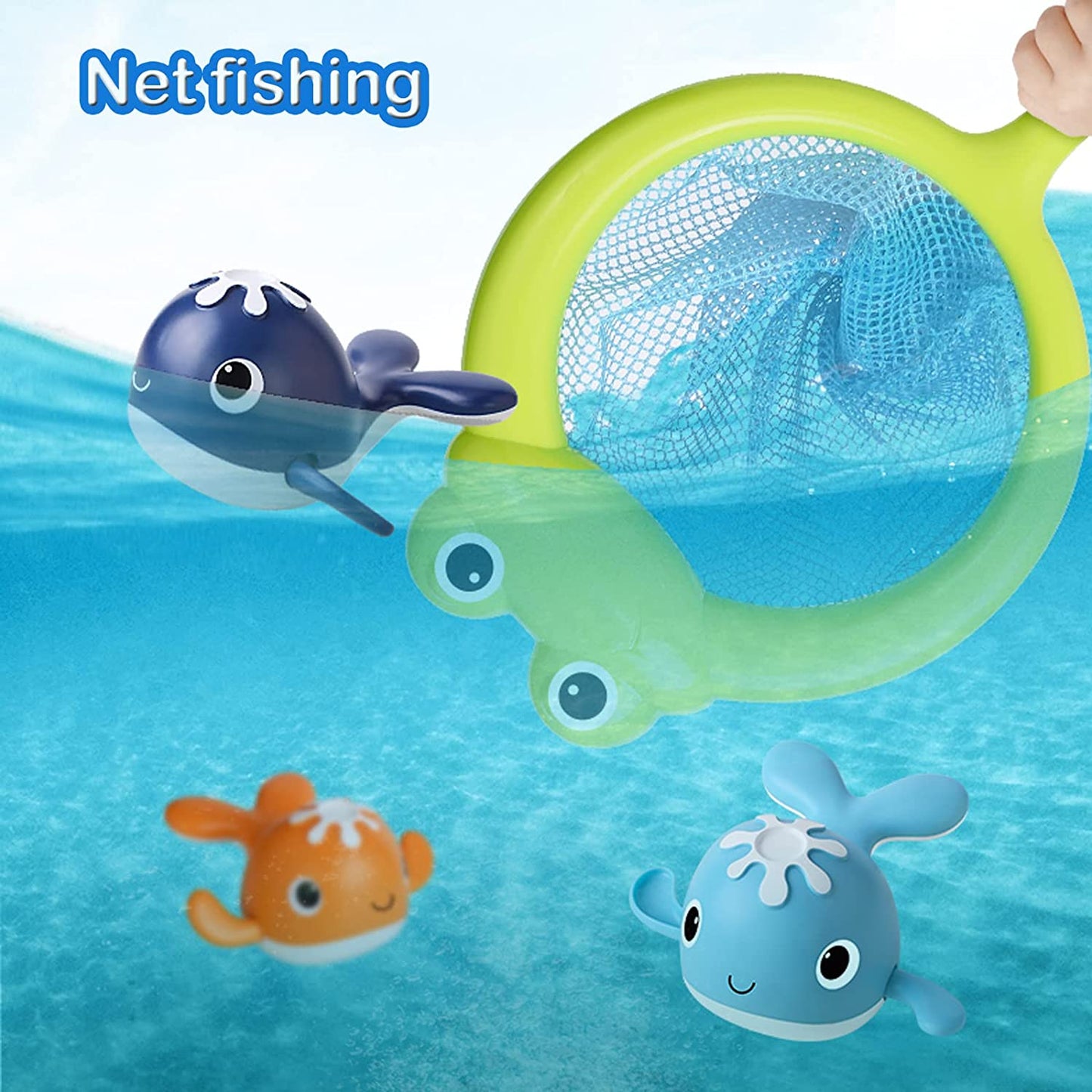 Close-up of a child's hand holding fishing rod with magnetic hook, about to catch a magnetic fish bath toy.