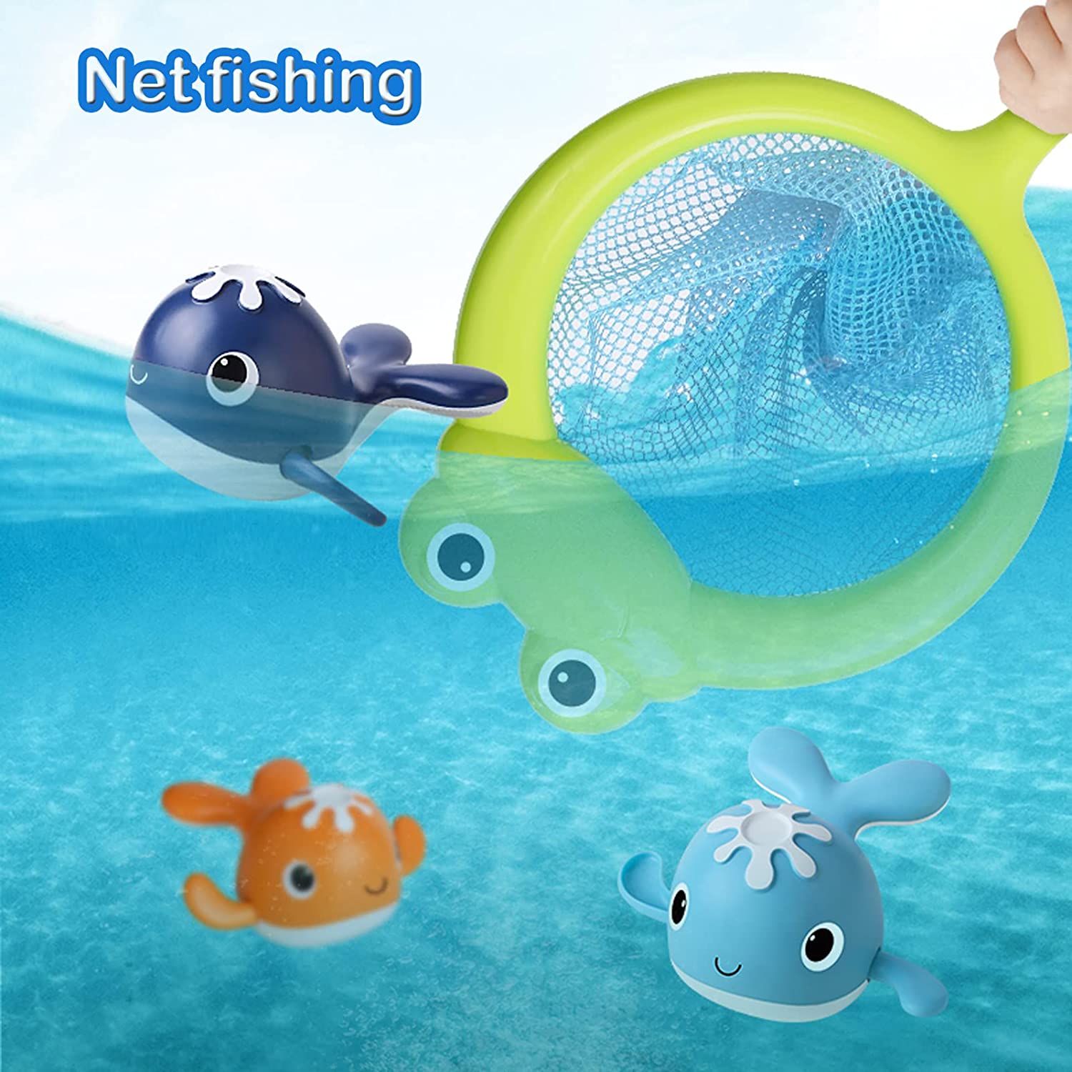 Close-up of a child's hand holding fishing rod with magnetic hook, about to catch a magnetic fish bath toy.