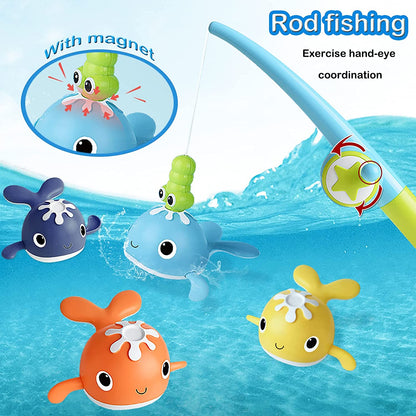 Happy child enjoying water play with a Magnetic Fishing Bath Toy Set, holding up a 'caught' orange fish.