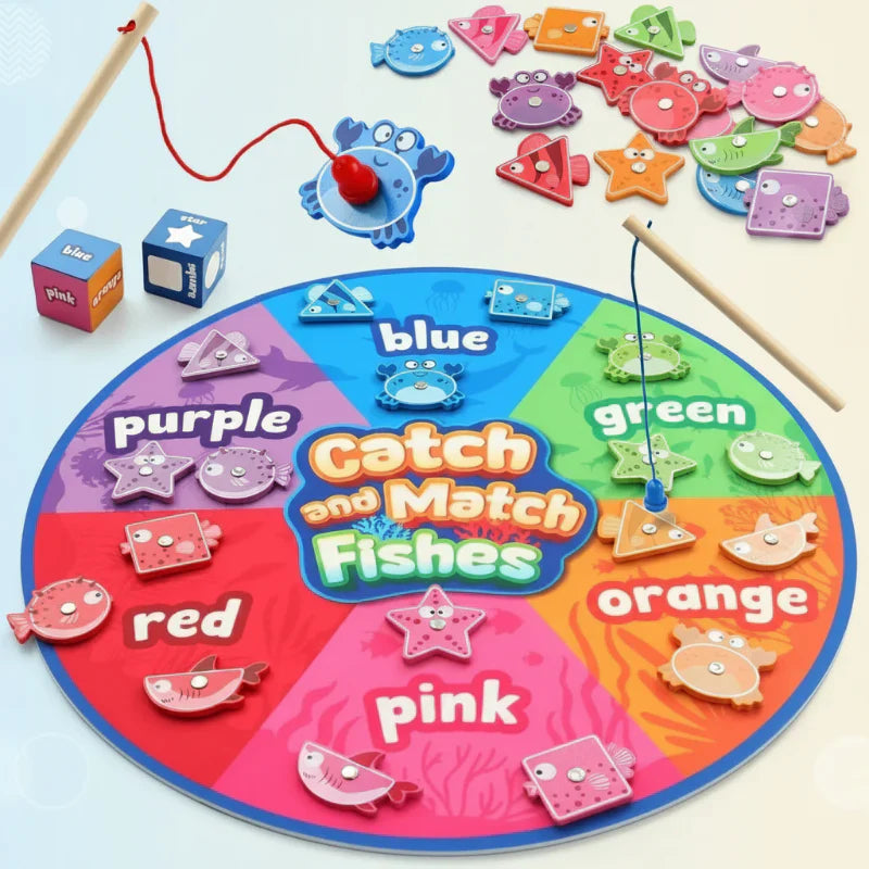 Kids' Magnetic Fishing Game: Colorful wooden fish and magnetic rod for fine motor skills