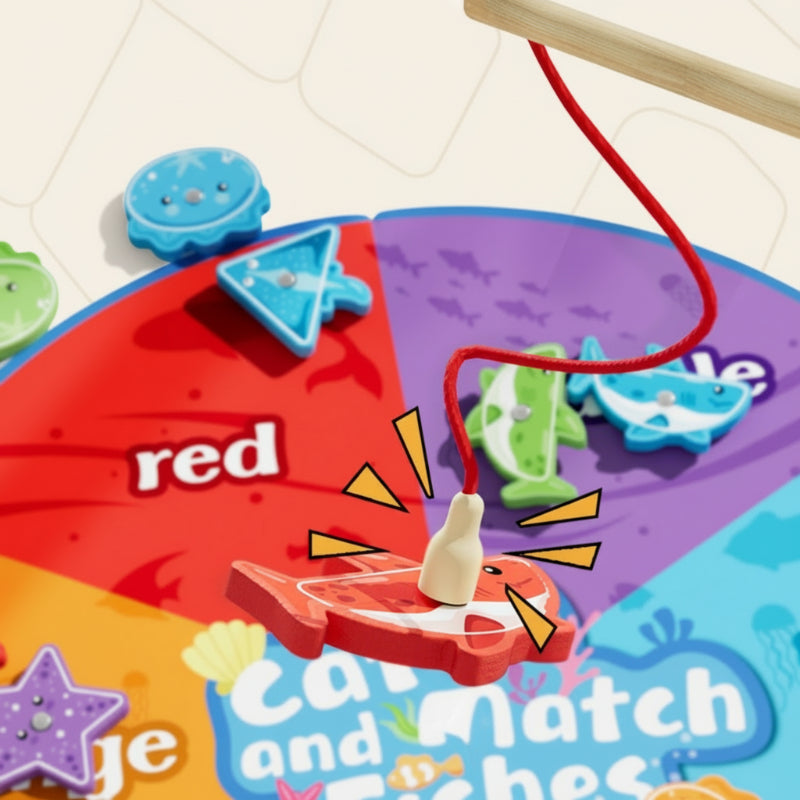 Educational magnetic fishing toy: Child playing, improving hand-eye coordination with colorful fish