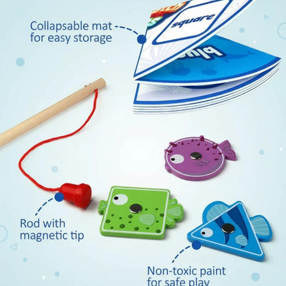 Kids' wooden magnetic fishing game set: Full view of all pieces, including fishing rod and aquatic animals
