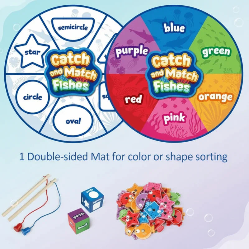 Learning game: Preschooler concentrating on catching a fish with the magnetic fishing educational toy