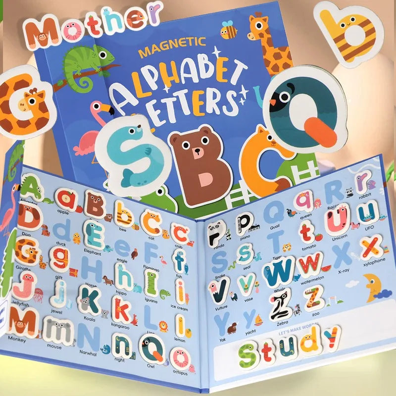 Kids' magnetic puzzle book with colorful alphabet letters for early learning and fine motor skills.