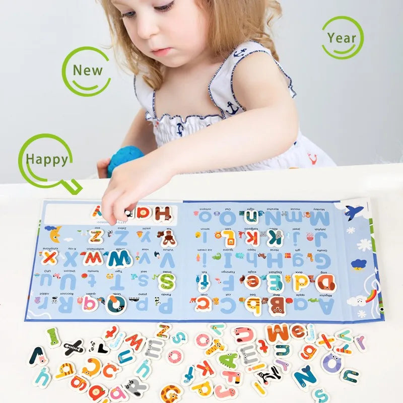 Toddler playing with an educational magnetic puzzle book, arranging letter magnets to learn words.