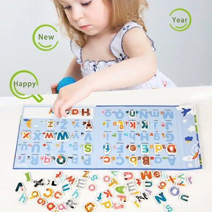 Toddler playing with an educational magnetic puzzle book, arranging letter magnets to learn words.