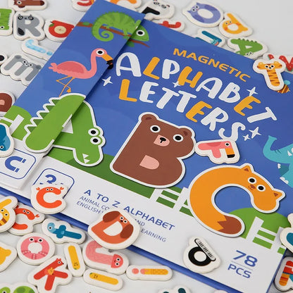Close-up of a kids' magnetic puzzle book opened to pages with alphabet magnets and spelling activities.
