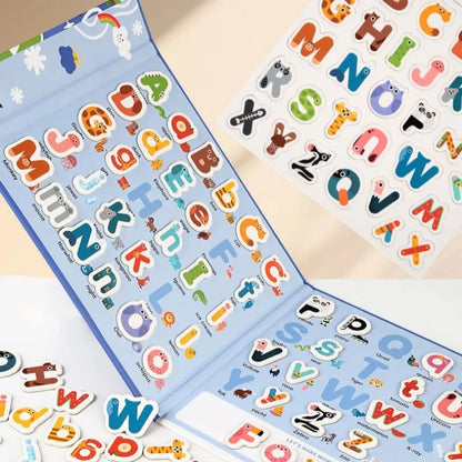 Child engaged with a magnetic puzzle book, using letter and number pieces for educational play.