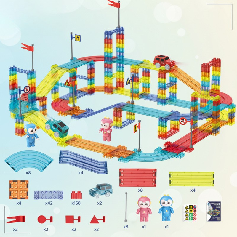 Kids activity: building a magnetic track for an electric car, promoting cognitive skills.