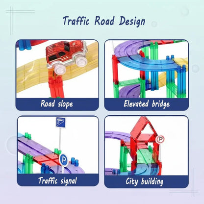 Magnetic building set for kids, showing various track configurations and accompanying electric car.