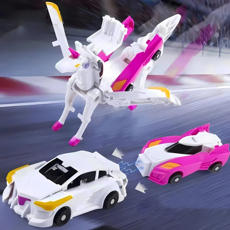 Kids' magnetic transforming robot car toy in vehicle mode, red and blue, ready for play, battery-free.