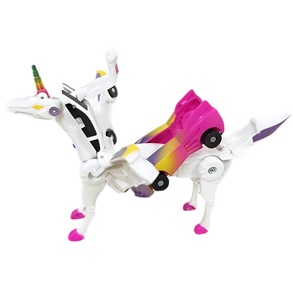 Two battery-free magnetic transforming robot car toys in different stages of transformation, for boys & girls.