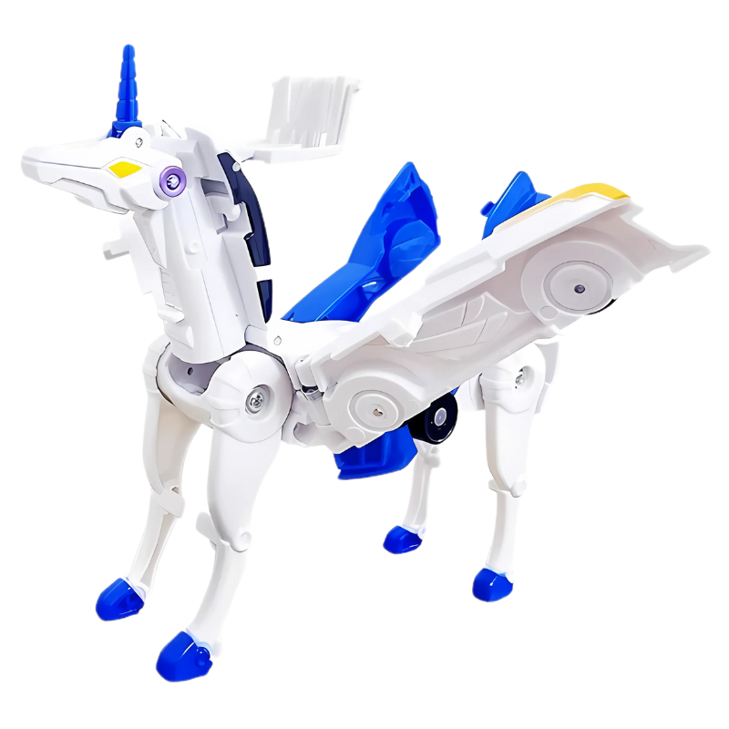 Child's hand holding a battery-free magnetic robot car toy, demonstrating its transforming action and ease of use.
