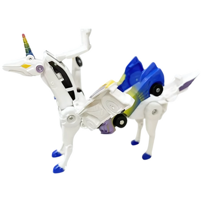 Overhead view of kids' magnetic robot car toy, transformed, on a playmat, encouraging creative, battery-free play.