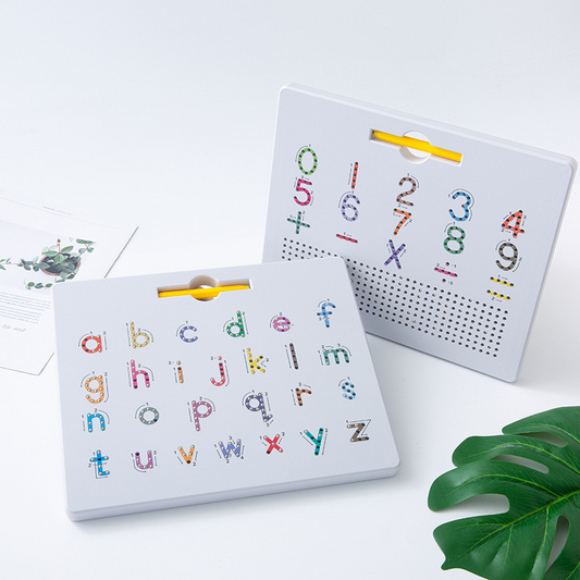 Kids magnetic writing board for early learning with colorful letters and numbers, promoting hand-eye coordination.