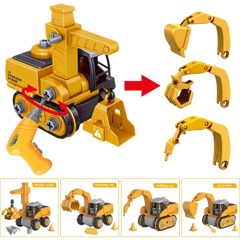 Educational STEM building toy set for kids, featuring various construction vehicles and tools