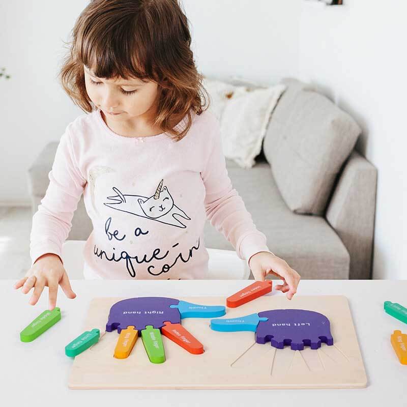 Kids matching wooden palm and foot puzzle for cognitive development, educational toy