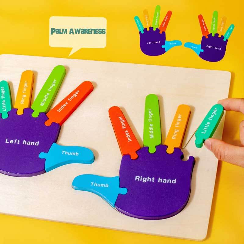 Toddler playing with wooden hand and foot cognitive puzzle, improving fine motor skills