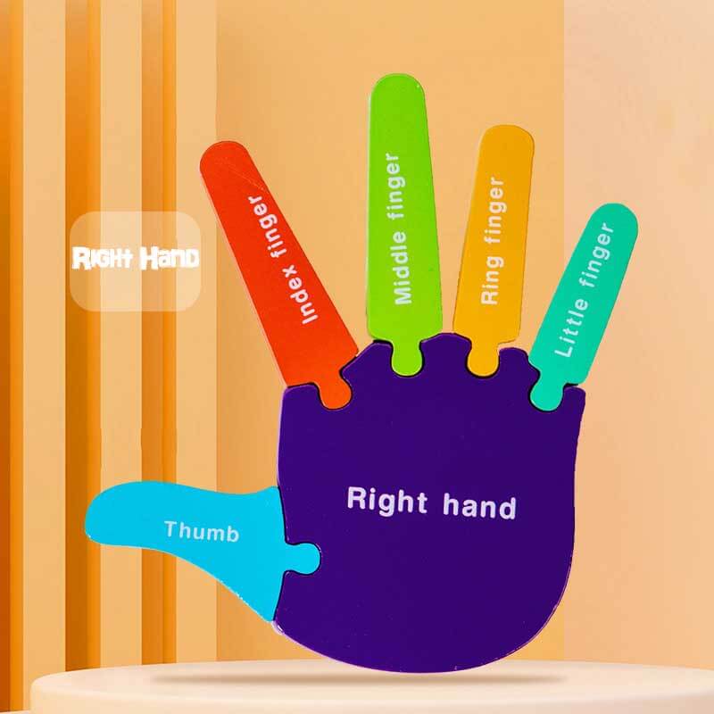 Educational wooden puzzle with palm and foot shapes, enhances hand-eye coordination