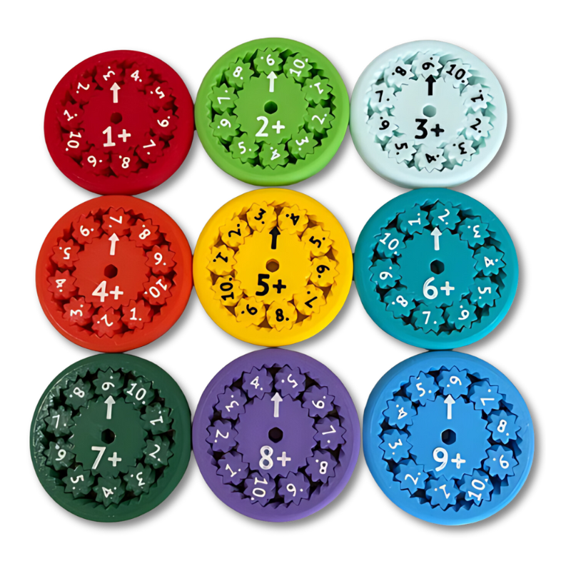 Close-up of a math fidget spinner, an engaging educational toy for children to learn arithmetic operations.