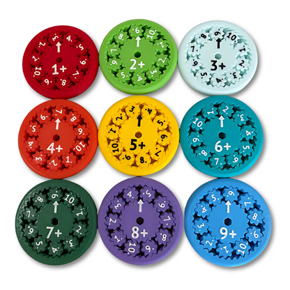 Close-up of a math fidget spinner, an engaging educational toy for children to learn arithmetic operations.