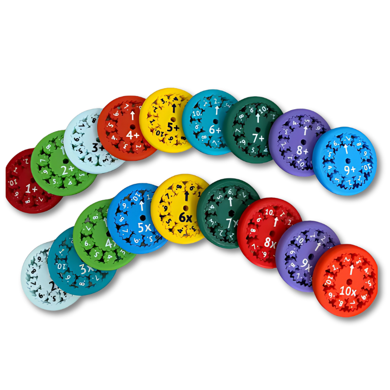 Child's hand spinning an educational math fidget toy, focusing on interactive learning for addition, subtraction.