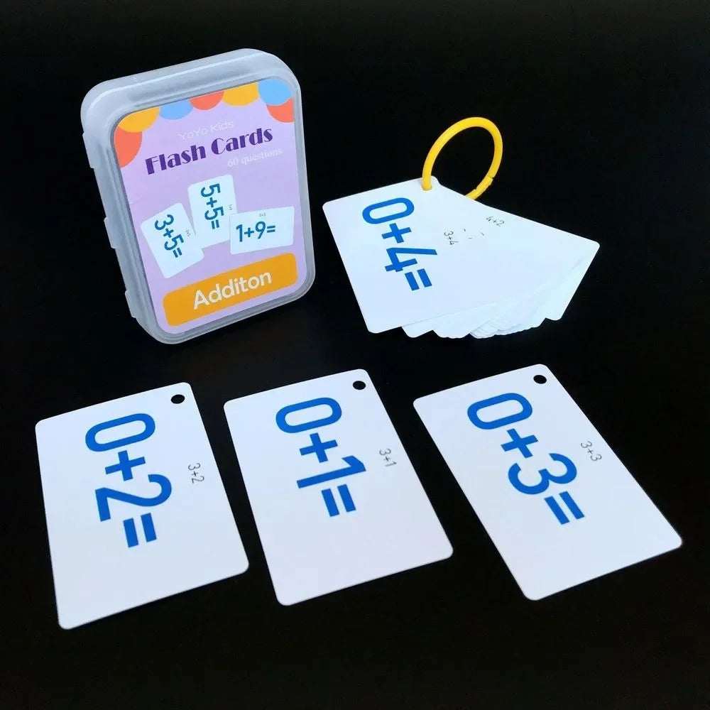 Set of kids' math flash cards displaying addition problems for early learning and arithmetic practice