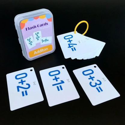 Set of kids' math flash cards displaying addition problems for early learning and arithmetic practice