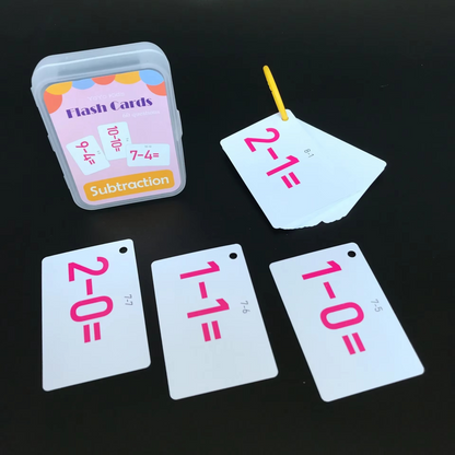 Close-up of a kids' math flash card showing a subtraction problem, ideal for arithmetic practice