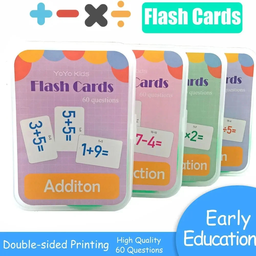 Variety of math flash cards for kids, covering addition, subtraction, multiplication, and division