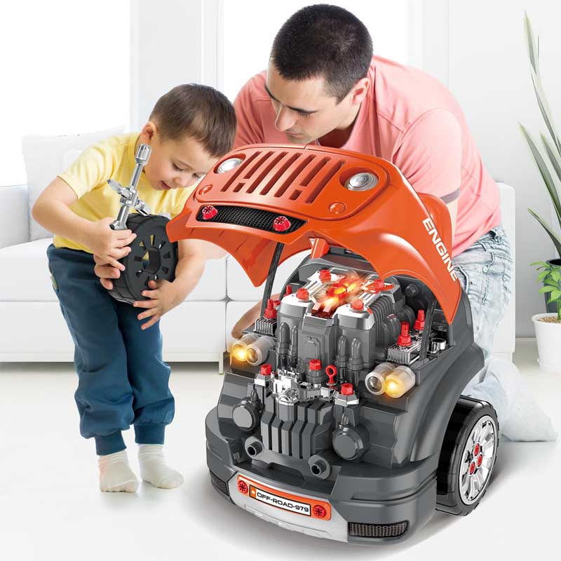 Close-up of kids' mechanic engine toy showing interactive parts, great for boys' gift