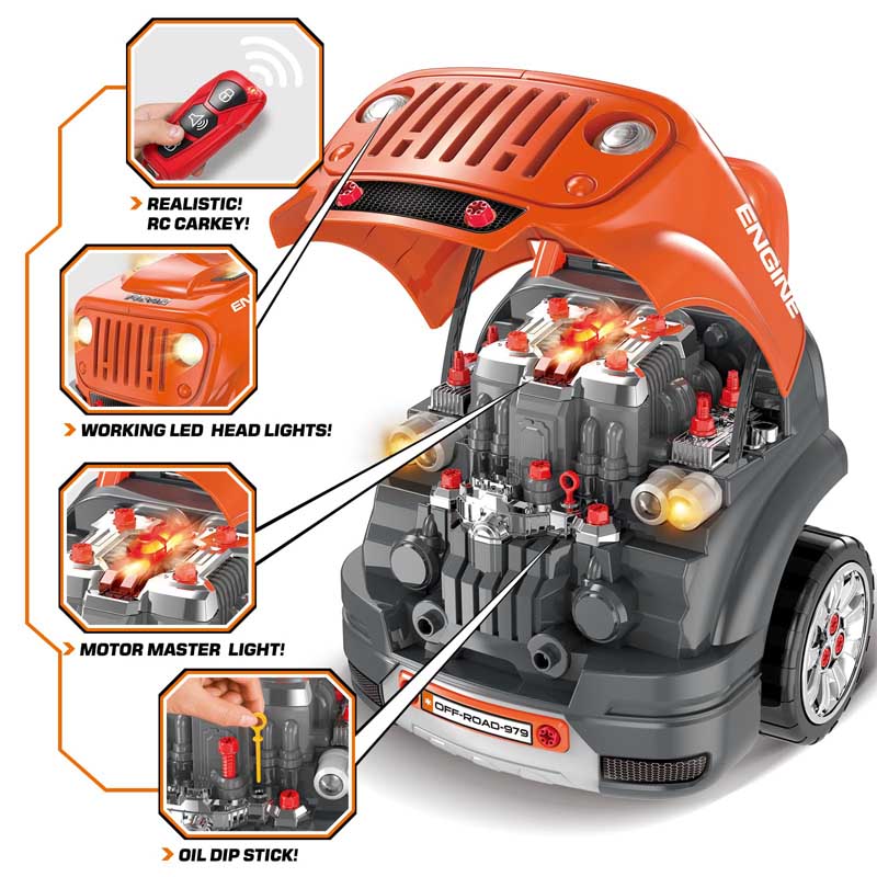 Kids' mechanic toy engine with various repair tools for educational activity and pretend play