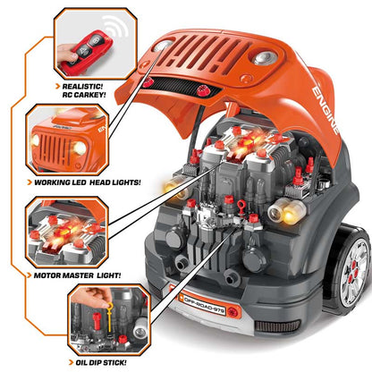 Kids' mechanic toy engine with various repair tools for educational activity and pretend play