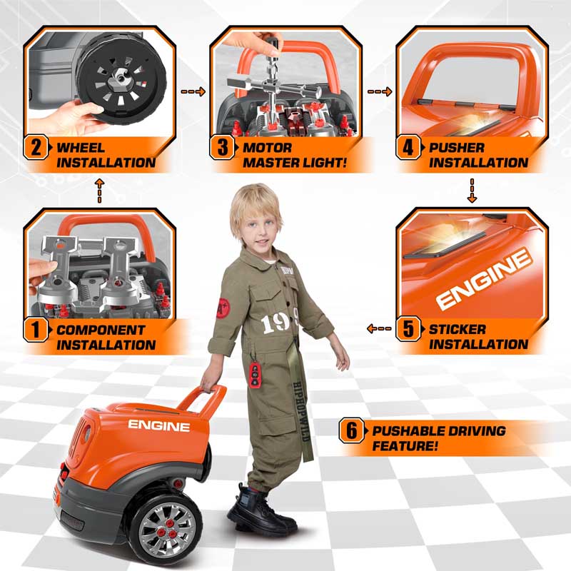 Detailed view of engine toy components from the kids' mechanic repair kit playset
