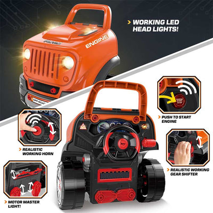 Child using pretend play tools on a kids' mechanic engine repair toy set, imaginative fun