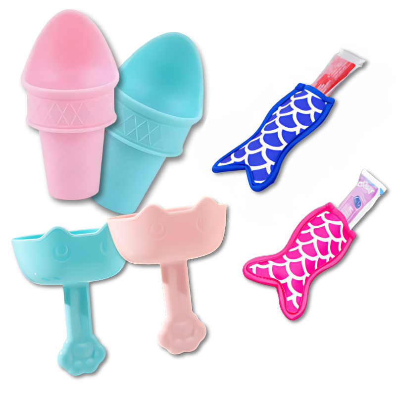 Kids' mermaid ice cream treat set with drip catcher for mess-free outdoor snack time.