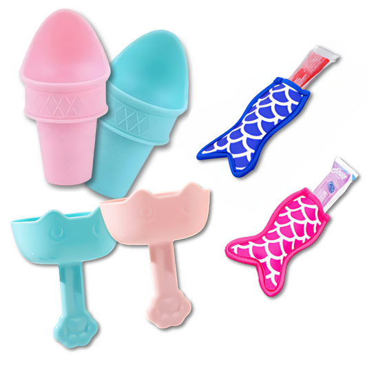 Kids' mermaid ice cream treat set with drip catcher for mess-free outdoor snack time.