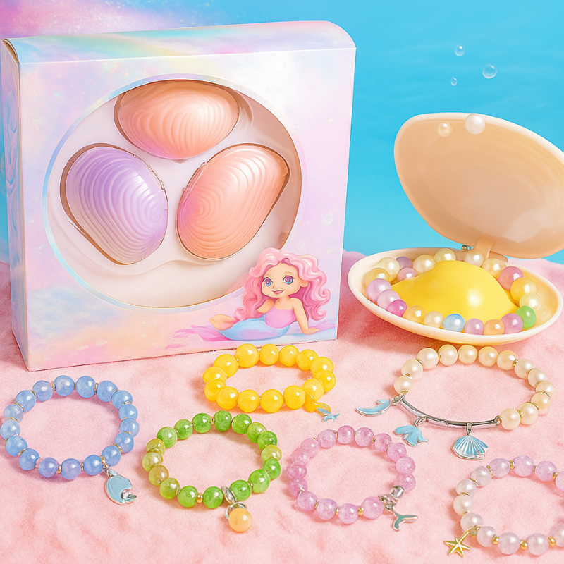 Kids' Mermaid Pearl Jewelry Craft Kit with colorful beads, charms, & mermaid figures, perfect for DIY jewelry.