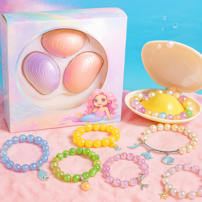 Kids' Mermaid Pearl Jewelry Craft Kit with colorful beads, charms, & mermaid figures, perfect for DIY jewelry.