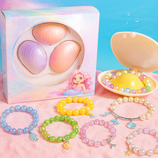 Kids' Mermaid Pearl Jewelry Craft Kit with colorful beads, charms, & mermaid figures, perfect for DIY jewelry.