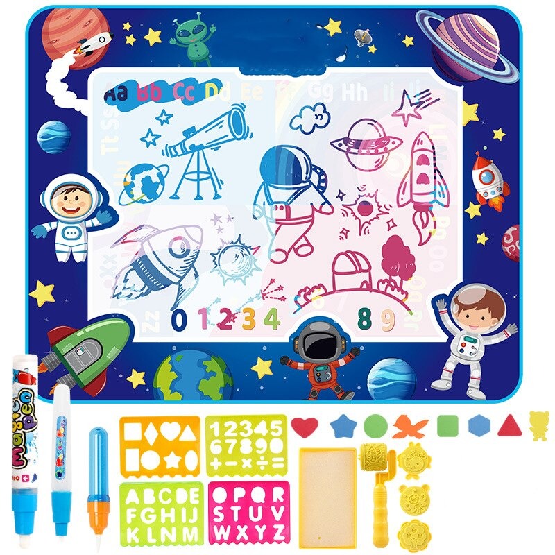 Toddler using magic water pen on a large water doodle mat for mess-free drawing and creative fun