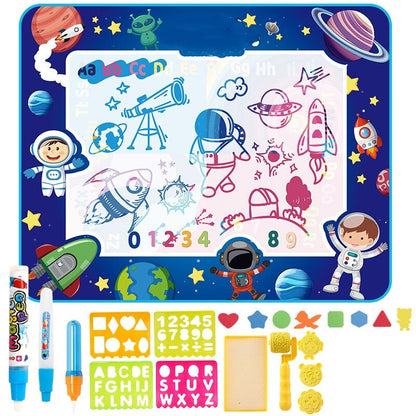 Toddler using magic water pen on a large water doodle mat for mess-free drawing and creative fun