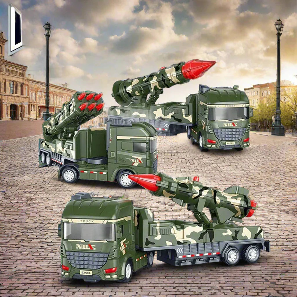 Kids' military rocket launcher toy vehicle for imaginative play, pull-back action