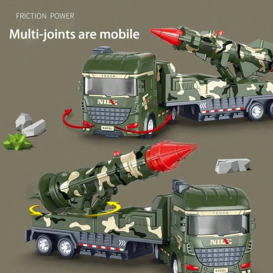 Side view of kids' military rocket launcher vehicle, encouraging imaginative adventures