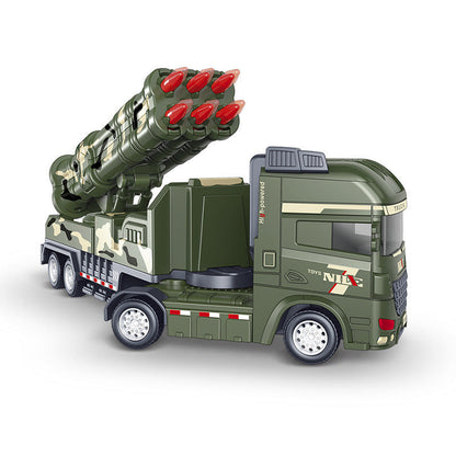 Children playing with military rocket launcher vehicle toy, promoting active playtime
