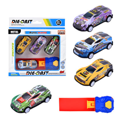 Kids' toy car launcher play set with multiple mini cars on a winding track for active play