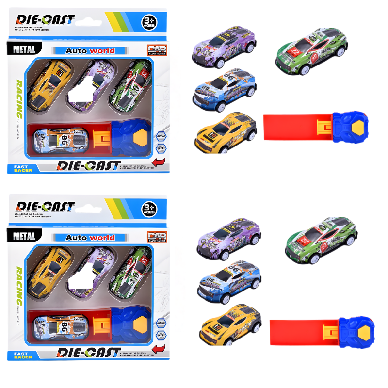 Overview of the Kids' Mini Car Launcher Play Set assembled, showing cars, launcher, and track