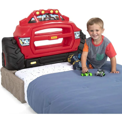 Kids Monster Truck Twin Headboard with built-in storage for boys' bedroom decor