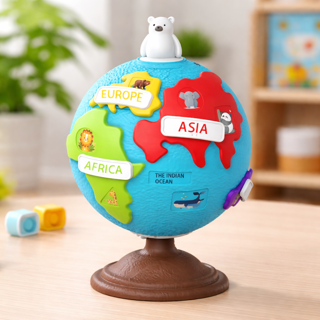 Kids' Montessori educational globe puzzle toy showing continents and oceans for geography learning