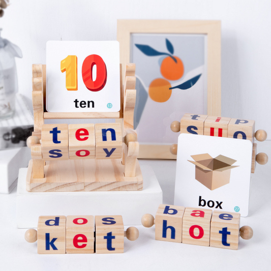 Kids' Montessori educational wooden spelling game with colorful letters, enhancing hands-on learning for preschoolers.